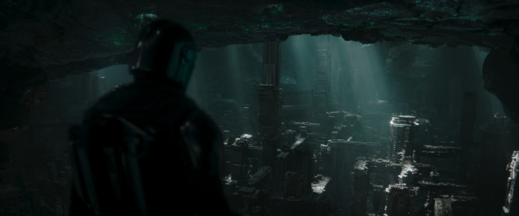 Din Djarin (Pedro Pascal) explores Mandalore's underground Civic Center in The Mandalorian Season 3 Episode 2 "The Mines of Mandalore" (2023), Lucasfilm