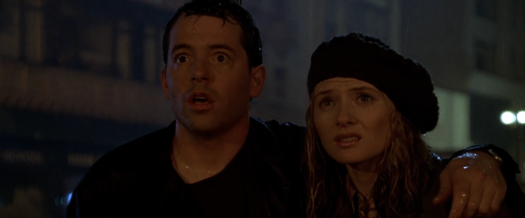 Dr. Niko Tatopoulos (Matthew Broderick) and Audrey Timmons (Maria Pitillo) helplessly realize that Zilla survived in Godzilla (1998), TriStar Pictures