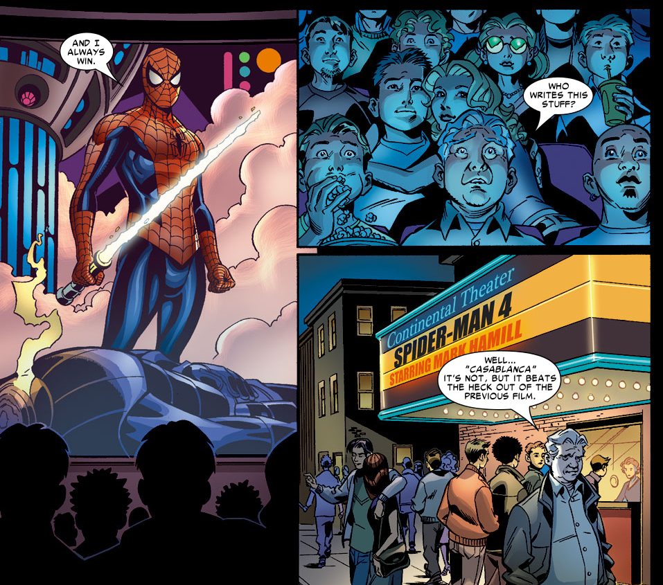 The Ben Parker of Earth-6078 catches his nephew's latest film in Friendly Neighborhood Spider-Man Vol. 1 #8 "Jumping the Tracks: Part 1 of 3" (2006), Marvel Comics. Words by Peter David, art by Mike Wiernigo, Karl Kessel, Paul Mounts, and Cory Petit.