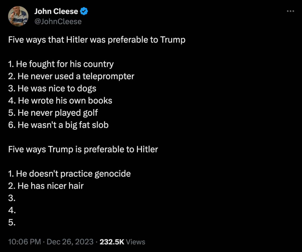 "Five ways that Hitler was preferable to Trump" - John Cleese