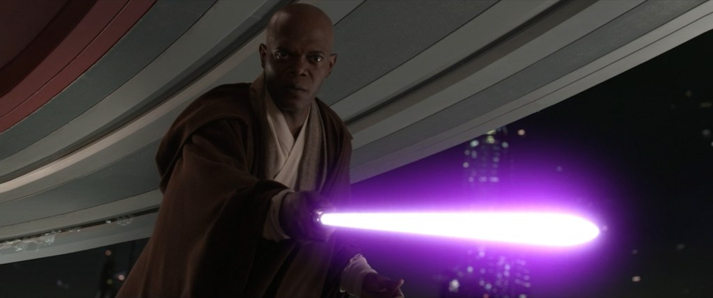 Mace Windu (Samuel L. Jackson) knows Darth Sidious (Ian McDiarmid) is too dangerous to be kept alive in Star Wars Episode III: Revenge of the Sith (2005), Lucasfilm