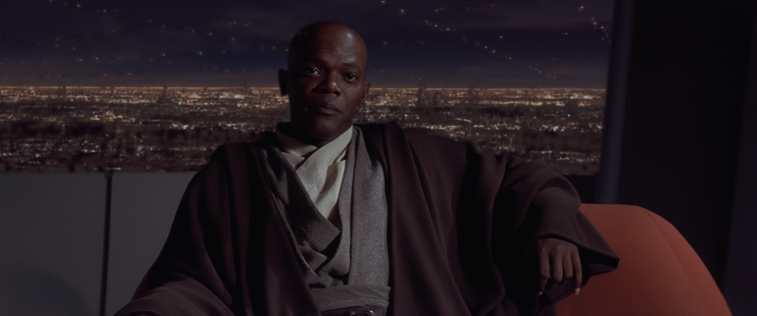 Mace Windu (Samuel L. Jackson) informs Qui-Gon Jinn (Liam Neeson) that Anakin Skywalker (Jake Lloyd) will not be trained in Star Wars Episode I: The Phantom Menace (1999), Lucasfilm