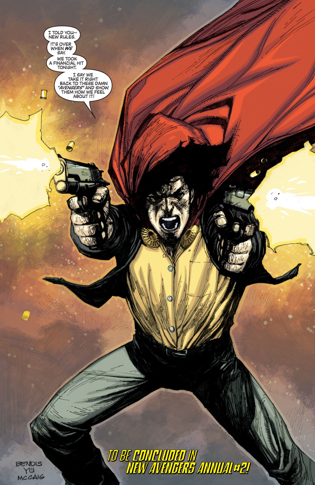 The Hood has had it with The Avengers in New Avengers Vol. 1 #37 "The Trust (Part 6)" (2007), Marvel Comics. Art by Leinil Francis Yu and Dave McCraig.