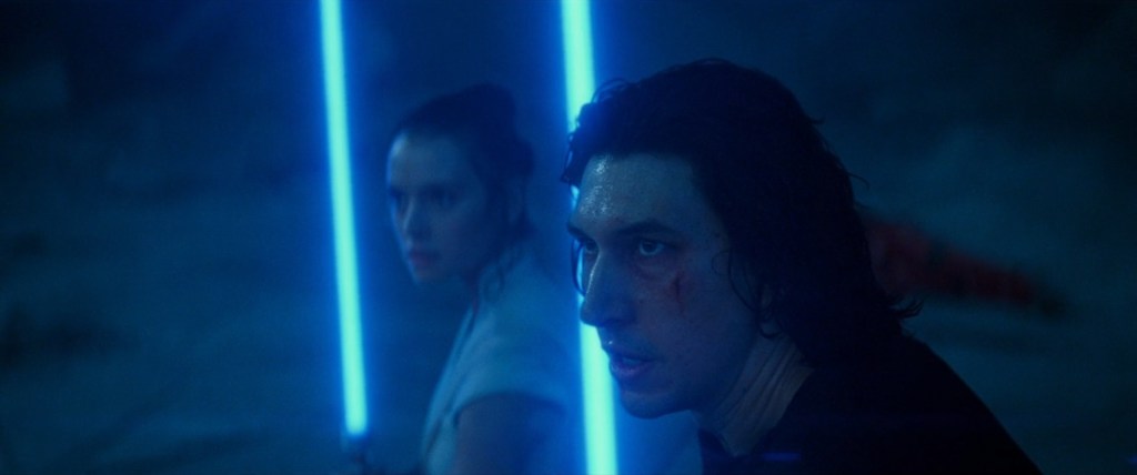 Rey Palpatine (Daisy Ridley) and Ben Solo (Adam Driver) team up to face the Emperor (Ian McDiarmid) in Star Wars Episode IX: The Rise of Skywalker (2019), Lucasfilm Ltd.