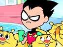 Robin The Boy Wonder and furry wooded creatures in Teen Titans Go! & DC Super Hero Girls: Mayhem in the Multiverse (2022), Warner Bros. Animation
