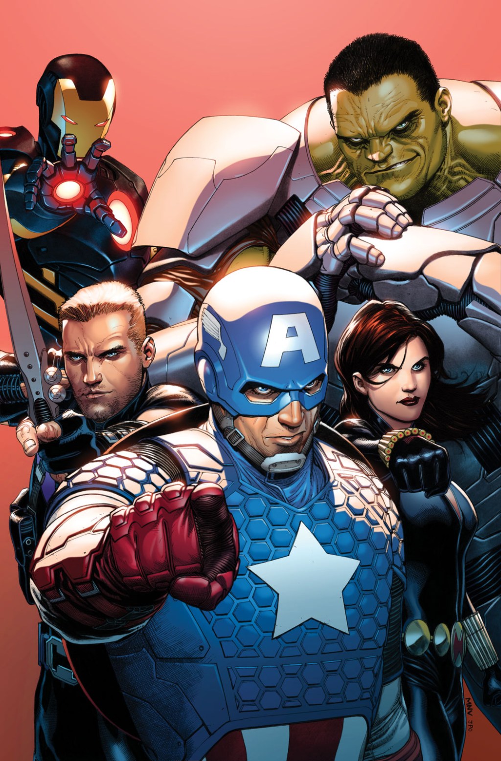 Os Vingadores sendo sua campanha de recrutamento na capa variante de Steve McNiven para Avengers Vol. 5 # 1 "Os Vingadores: Mundo dos Vingadores" (2012), Marvel Comics