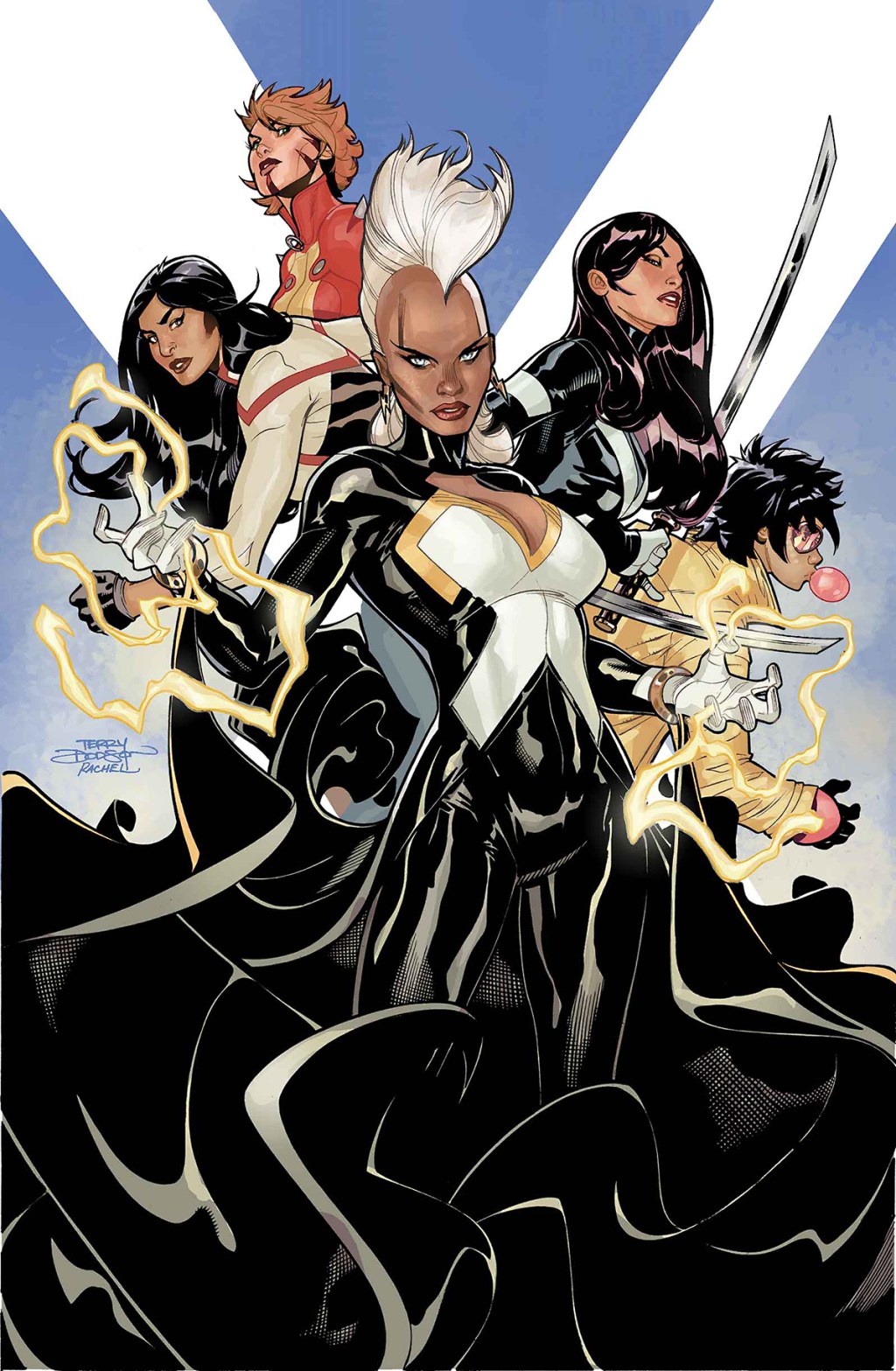 M, Marvel Girl, Storm, Psylocke, and Jubilee stand ready to confront The Future on Rachel and Terry Dodson's cover to X-Men Vol. 4 #16 "Bloodline: 4 of 5" (2014), Marvel Comics