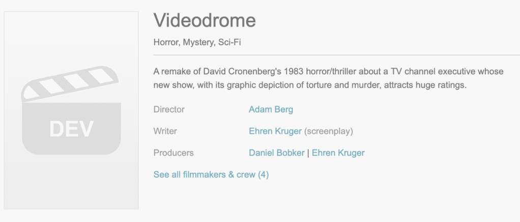 Videodrome remake listing on IMDb Pro