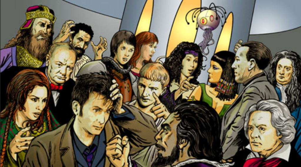 The Doctor is introduced to Momus' dinner party in Doctor Who: The Lonely Computer (2008), BBC. Illustration by Brian Williamson.