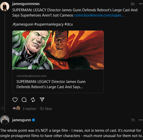 James Gunn discusses his plans for Superman: Legacy's cameos via Threads
