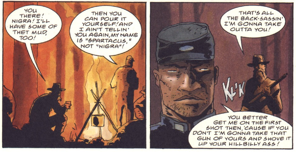 Tensions flare between Spartacus and Ned in Predator: Hell Come A-Walkin' Vol.1 #2 (1998), Dark Horse Comics. Words by Nancy A. Collins, art by Dean Ormston.