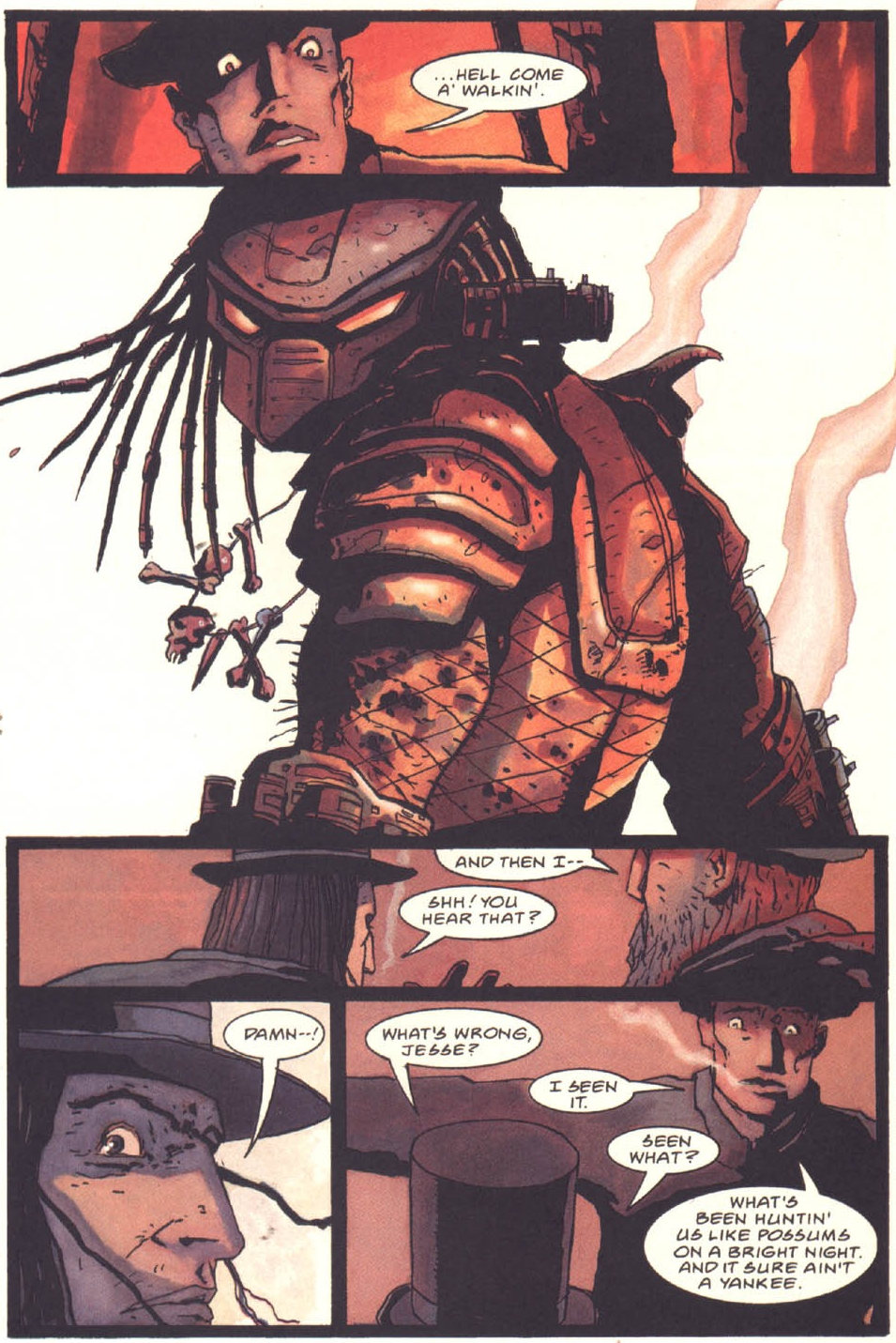 Spartacus discovers just what has been hunting his group in Predator: Hell Come A-Walkin' Vol.1 #1 (1998), Dark Horse Comics. Words by Nancy A. Collins, art by Dean Ormston.