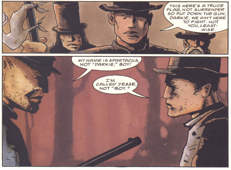 Jesse James strikes up an uneasy truce with Spartacus in Predator: Hell Come A-Walkin' Vol.1 #1 (1998), Dark Horse Comics. Words by Nancy A. Collins, art by Dean Ormston.