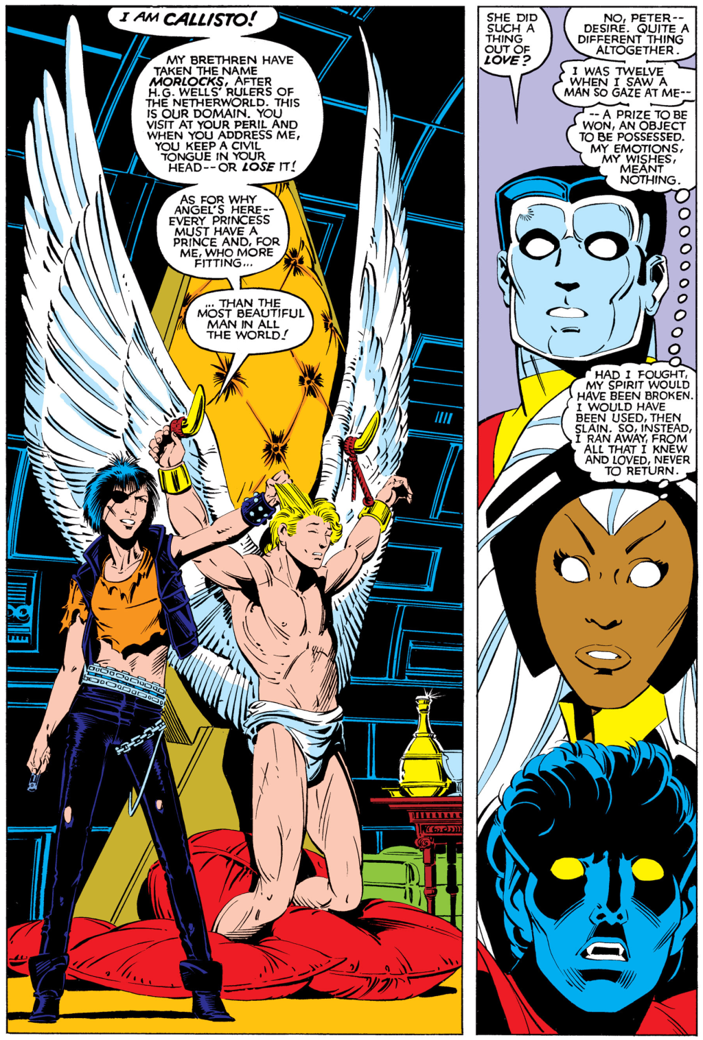 Callisto takes Angel captive in Uncanny X-Men Vol. 1 #169 "Catacombs" (1983), Marvel Comics. WOrds by Chris Claremont, art by Paul Smith, Bob Wiacek, Bob Sharen, and Tom Orzechowski.
