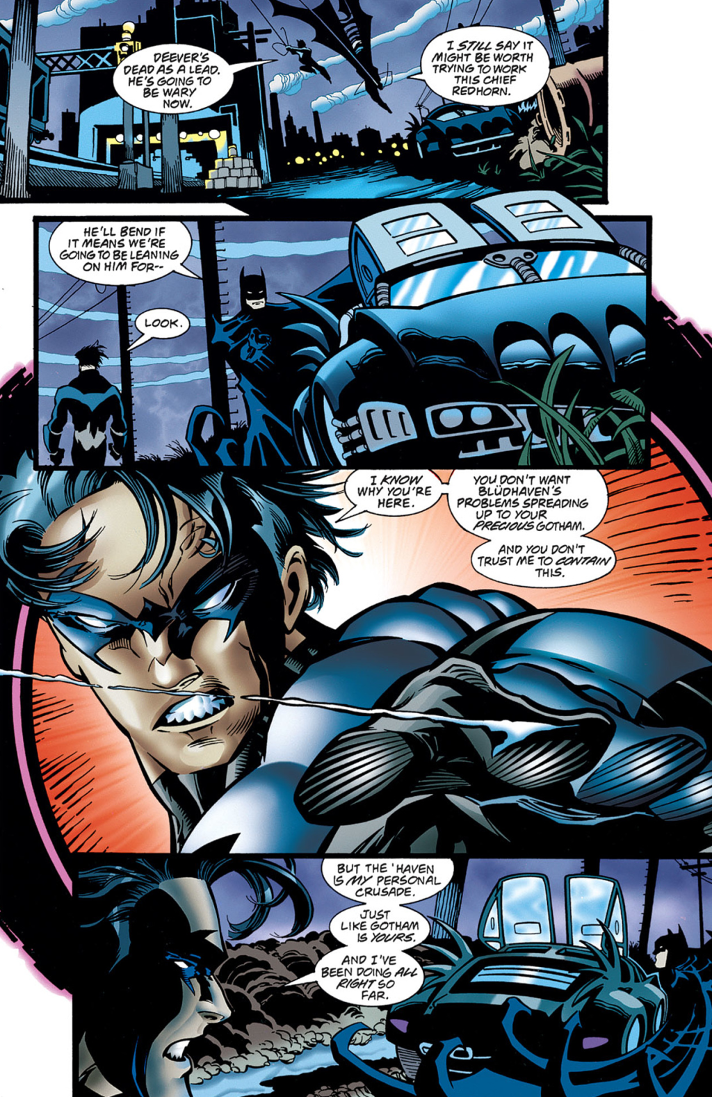 Nightwing tells Batman to let him protect Blüdhaven his way in Nightwing Vol. 2 14 "Dead Meat" (1997), DC. Words by Chuck Dixon, art by Scott McDaniel, Karl Story, Roberta Tewes, and John Costanza.