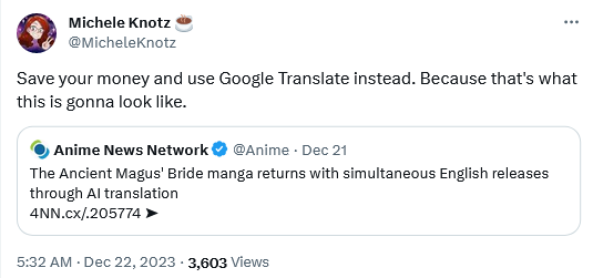 Michele Knotz weighs in on The Ancient Magus' Bride's AI translations
