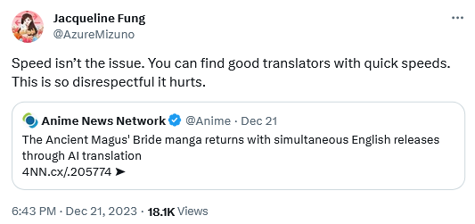 Jacqueline Fung weighs in on The Ancient Magus' Bride's AI translations