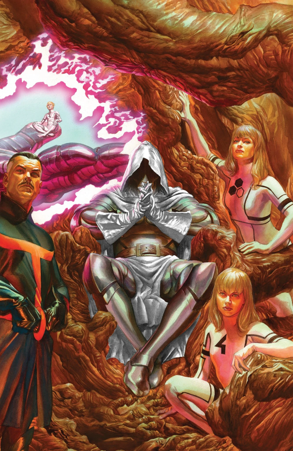 God Emperor Doom sits upon his throne, surrounded by Sheriff Strange, Susan Von Doom, and Valeria Von Doom on Alex Ross' cover to Secret Wars Vol. 1 #4 "All the Angels Sing, All the Devils Dance" (2015), Marvel Comics