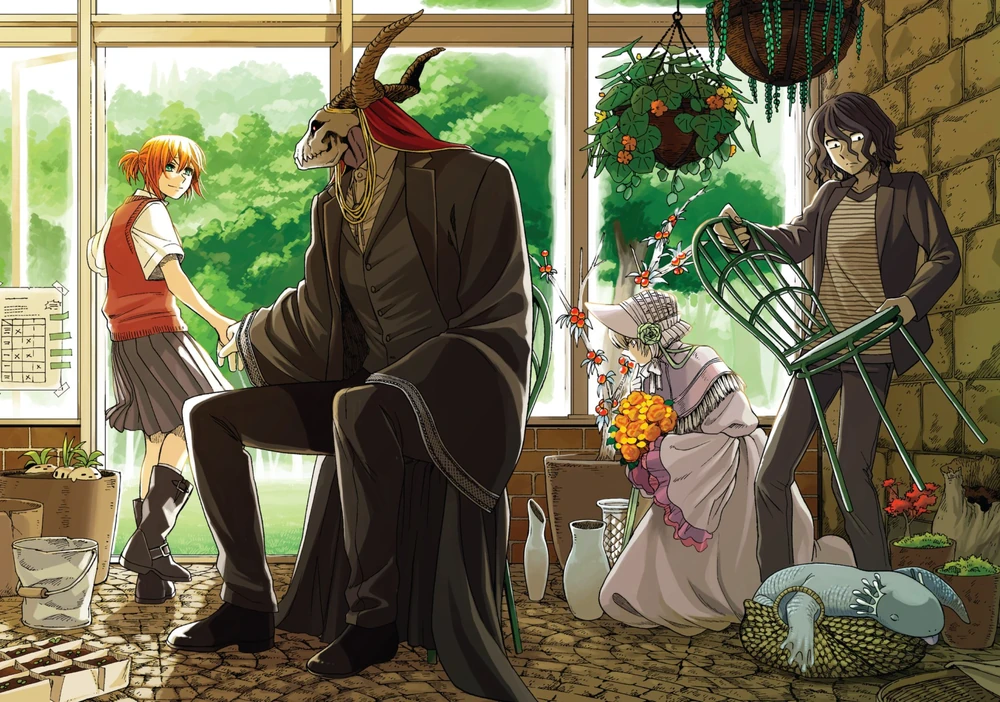 Chise, Elias, Silver Lady, and Ruth enjoy the spring weather on Kore Yamazaki's cover to The Ancient Magus' Bride Vol. 9 (2018), Mag Garden