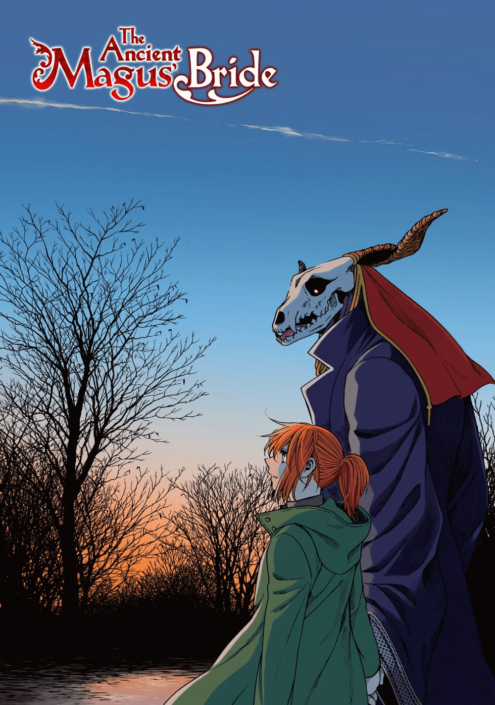 Chise e Elias admiram o pôr do sol na capa de Kore Yamazaki para The Ancient Magus' Bride Vol. 12 (2019), Jardim Mag