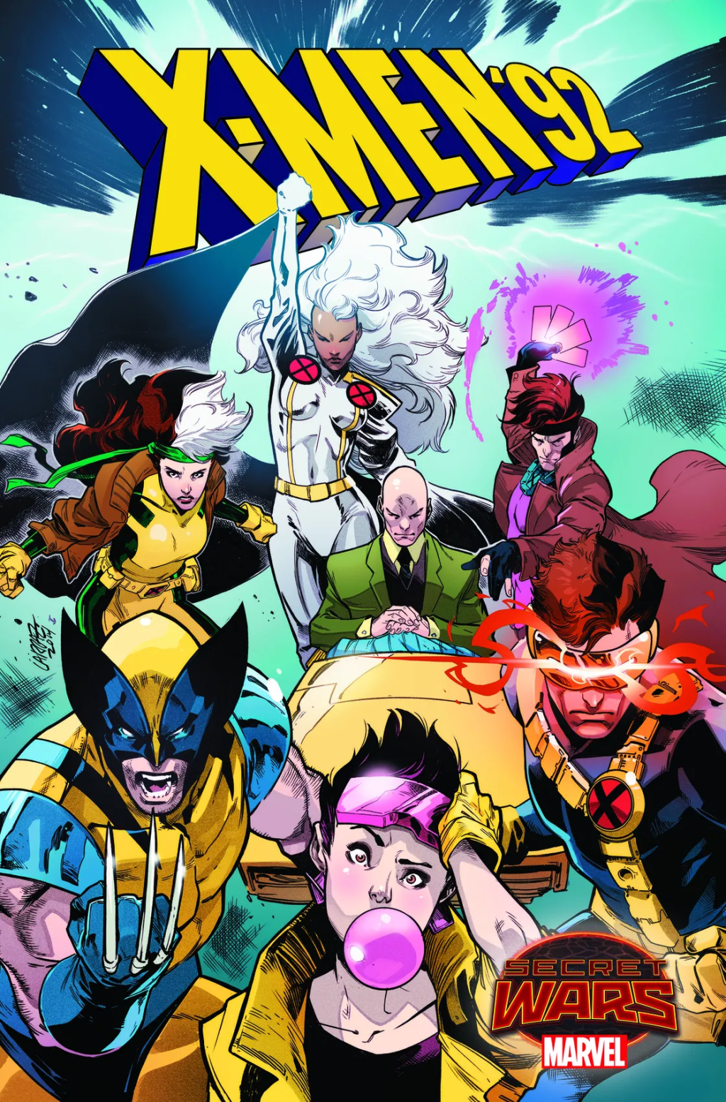 The titular team's most iconic incarnation rides once more on Pepe Larraz and Jim Charalampidis's cover to X-Men '92 Vol. 1 #1 "Chapter One: Hope You Survive the Experience" (2015), Marvel Comics