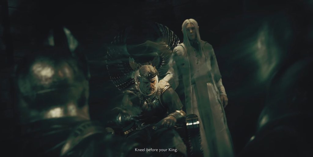 Sauron (Steve Blum) whispers deceptions to the King of Angmar (Matthew Mercer) in Middle-earth: Shadow of War (2017), Warner Bros. Interactive