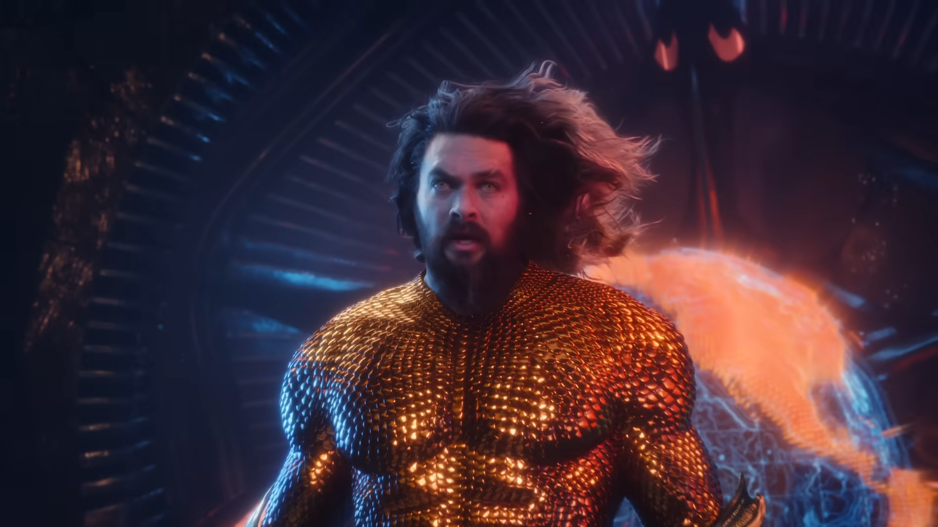 Arthur (Jason Momoa) faces down Black Manta's (Yahya Abdul-Mateen II) invasion of Atlantis in Aquaman and the Lost Kingdom (2023), Warner Bros. Discovery