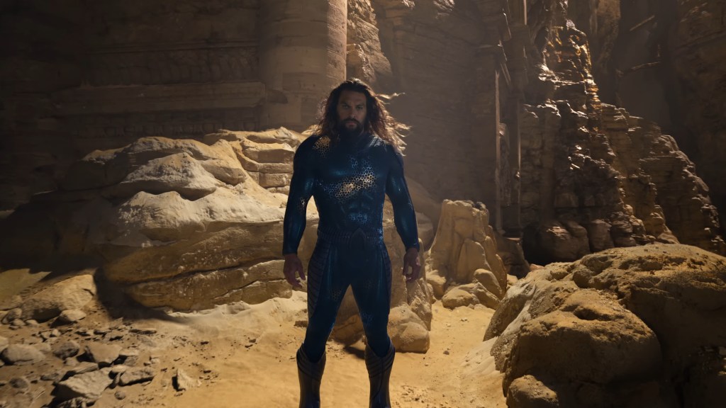 Arthur (Jason Momoa) shows off his new stealth suit in Aquaman and the Lost Kingdom (2023), Warner Bros. Discovery