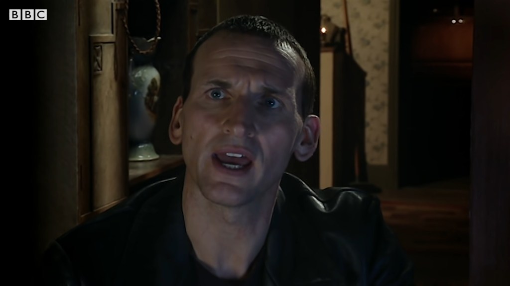 The Doctor (Christopher Eccleston) has a talk with the titular Empty Child (Albert Valentine) in Doctor Who Series 1 Episode 12 "The Empty Child" (2005), BBC