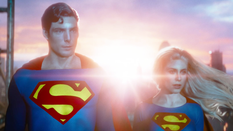Superman (CGI) and Supergirl (CGI) watch on as the Multiverse collapses in The Flash (2023), Warner Bros. Discovery