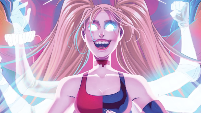 Harley Quinn looks deep into the DC multiverse on Sweeney Boo's cover to Harley Quinn Vol. 4 #31 "Girl in a Crisis, Part IV (2023), DC