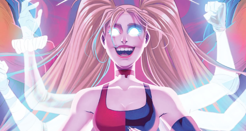 Harley Quinn looks deep into the DC multiverse on Sweeney Boo's cover to Harley Quinn Vol. 4 #31 "Girl in a Crisis, Part IV (2023), DC