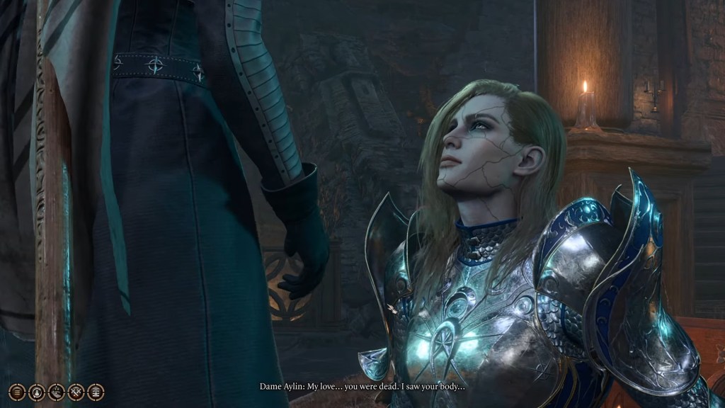 Dame Aylin (Helen Keeley) falls to her knees in the face of the revelation that her love, Isobel (Laura Bailey) is still alive in Baldur's Gate 3 (2023), Larian Studios
