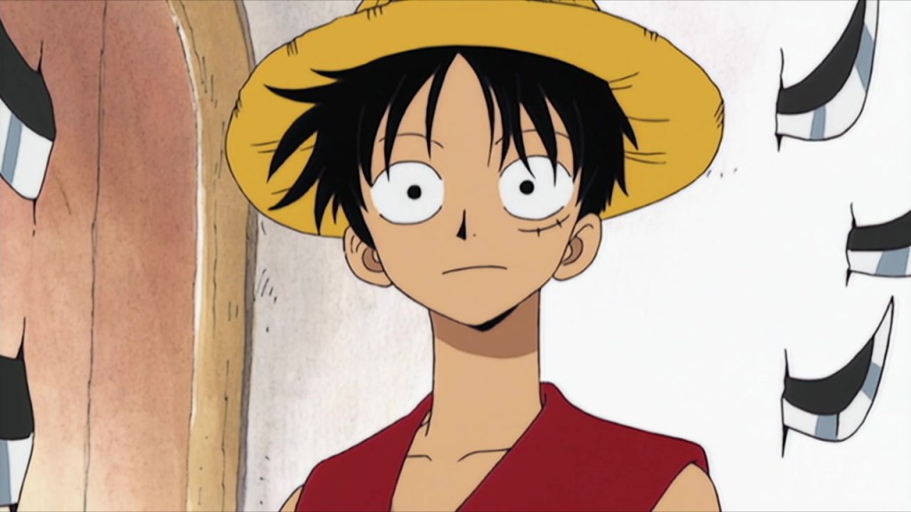 Monkey D. Luffy (Mayumi Tanaka) in One Piece Episode 1 "I'm Luffy! The Man Who's Gonna Be King of the Pirates!" (1999), Toei Animation.