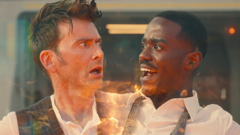 The 14th Doctor (David Tennant) experiences a snag when regenerating into his next form (Ncuti Gatwa) in Doctor Who Special 303 “The Giggle" (BBC)