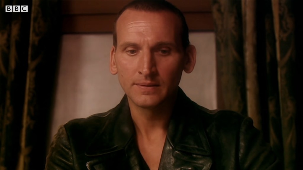 The Doctor (Christopher Eccleston) watches as a missile flies to destroy the Slithereen in Doctor Who Series 1 Episode 5 "World Wat Three" (2005), BBC