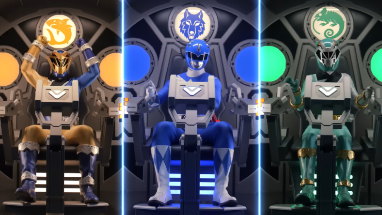Aiyon (Jordan Fite), Billy (David Yost), and Izzy (Tessa Rao) step behind the wheel of the Cosmic Fury Megazord for the first time in Power Rangers Cosmic Fury Season 1 Episode 1 "Lightning Strikes" (2023), Netflix