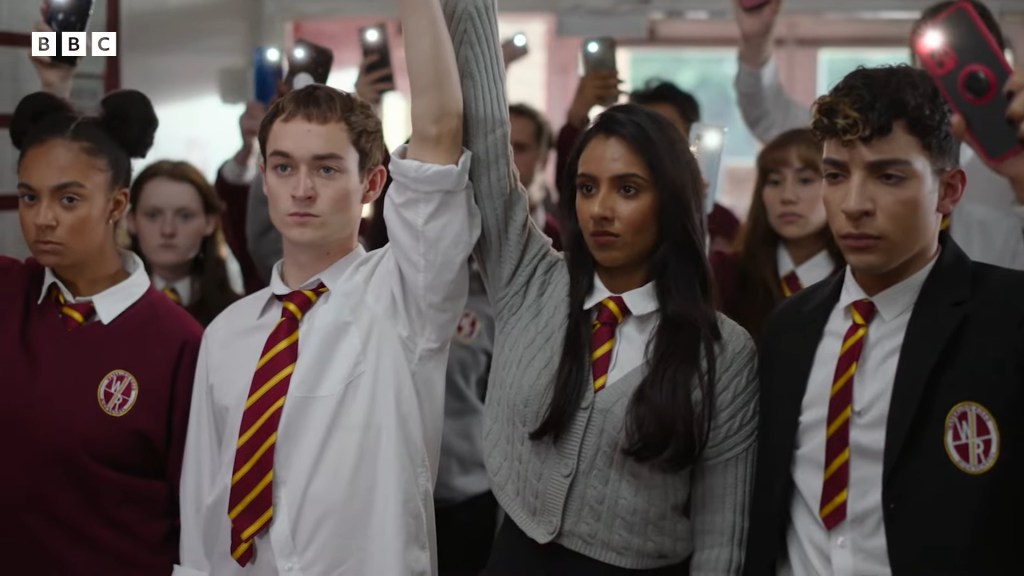 Students engage in a silent protest against their school's connection to a historic slave trader in Waterloo Road Series 11 Episode 1 "Episode 1" (2023), BBC