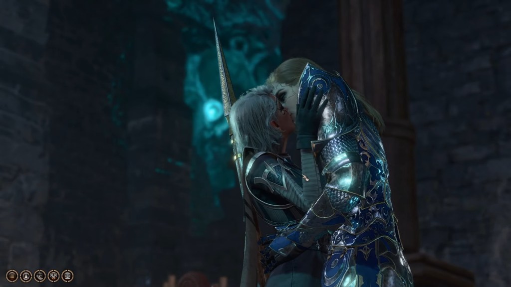 Dame Aylin (Helen Keeley) and Isobel (Laura Bailey) celebrate their reunion with a kiss in Baldur's Gate 3 (2023), Larian Studios