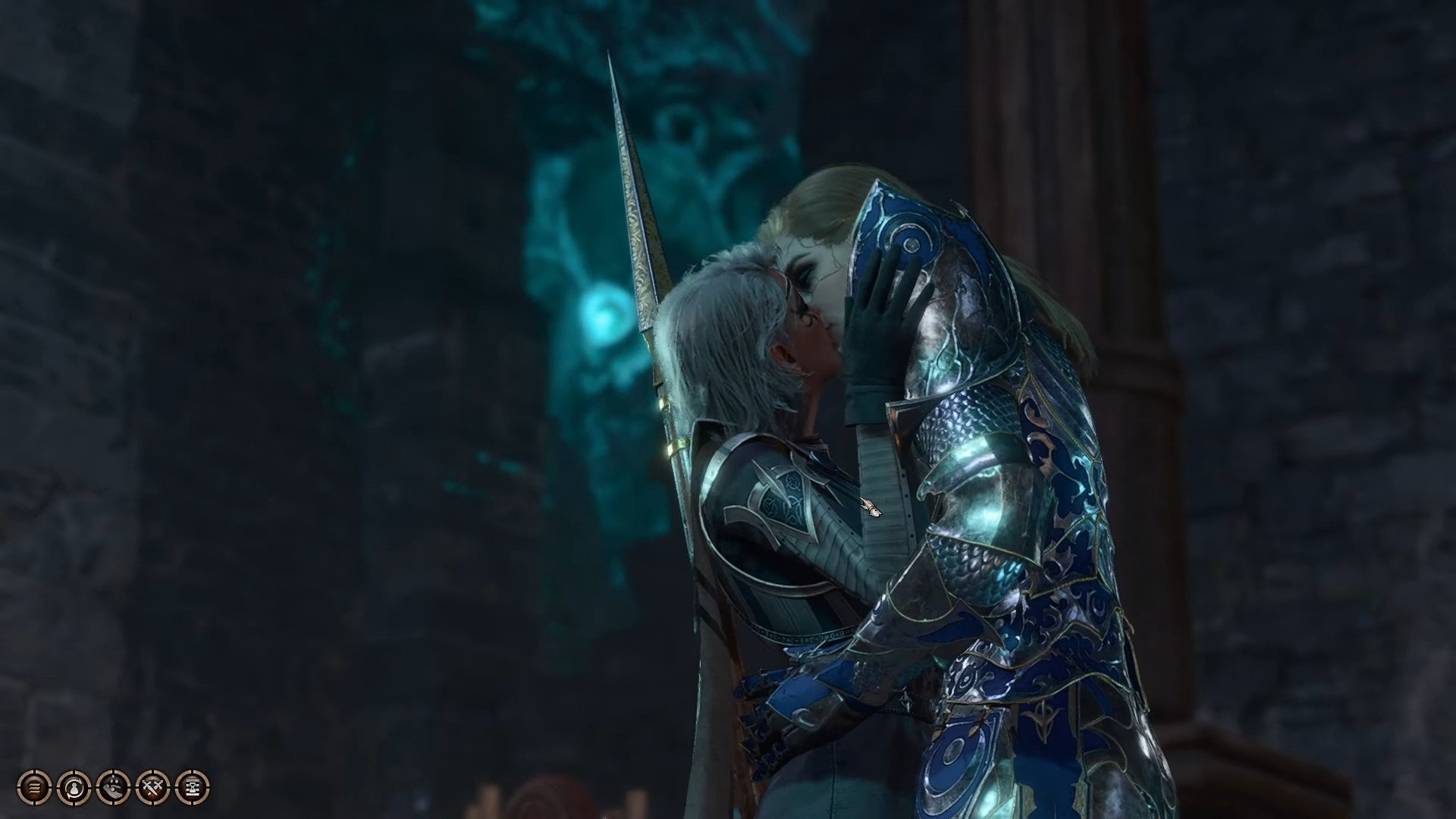 Dame Aylin (Helen Keeley) and Isobel (Laura Bailey) celebrate their reunion with a kiss in Baldur's Gate 3 (2023), Larian Studios