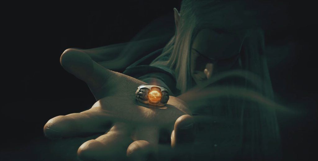 Sauron (Steve Blum) offers a Ring of Power to the King of Angmar (Matthew Mercer) in Middle-earth: Shadow of War (2017), Warner Bros. Interactive