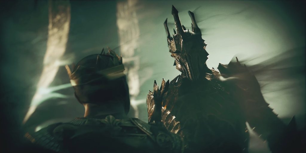 Sauron (Steve Blum) approaches the King of Angmar (Matthew Mercer) in Middle-earth: Shadow of War (2017), Warner Bros. Interactive