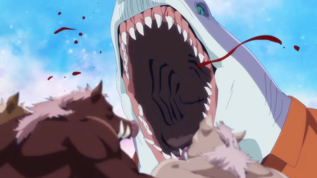 King Shark (Subaru Kimura) se prepara para dar uma mordida em um par de homens-fera antropomórficos em Esquadrão Suicida ISEKAI (2023), Warner Bros.