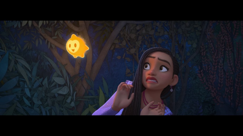 Asha (Ariana DeBose) is surprised by the appearance of anthropomorphic star in Wish (2023), Disney