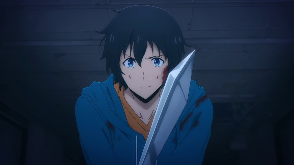 A pre-power-up Sung Jinwoo (TBA) draws his blade in Solo Leveling (2024), Aniplex