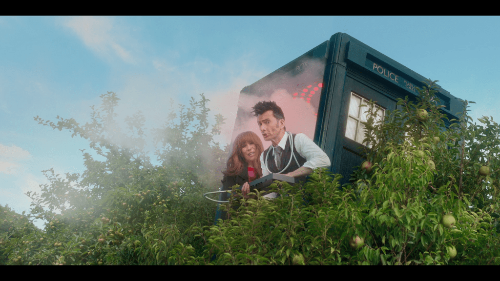 The Doctor (David Tennant) and Donna (Catherine Tate) attempt to recalibrate the Tardis in Doctor Who Special 302 "Wild Blue Yonder" (2023), BBC