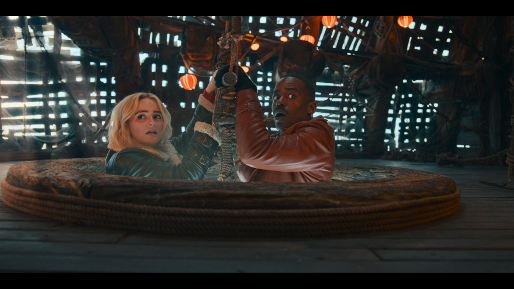 Ruby (Millie Gibson) and The Doctor (Ncuti Gatwa) find themselves inside of a goblin airship in Doctor Who Series 14 Episode 0 "The Church On Ruby Road" (2023), BBC