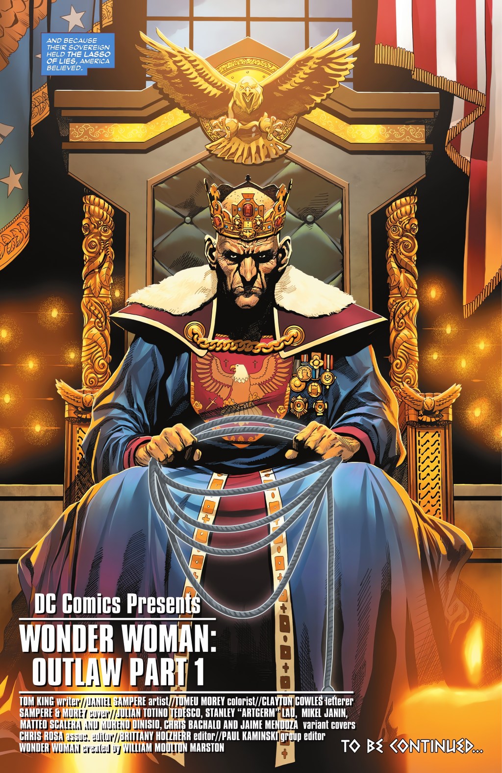 The Sovereign is revealed as the true rule of America in Wonder Woman Vol. 6 #1 "Wonder Woman: Outlaw Part 1" (2023), DC. Words by Tom King, art by Daniel Sampere, Tomeu Morey, and Clayton Cowles.