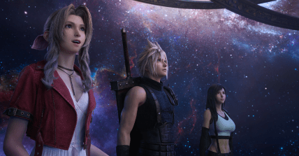 Aerith Gainsborough (Briana White), Tifa Lockhart (Britt Baron), and Cloud Strife (Cody Christian) in awe at the Planetarium in Final Fantasy VII Rebirth (2024), Square Enix
