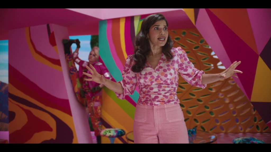 Gloria (America Ferrera) takes aim at the patriarchy in Barbie (2023), Warner Bros. Pictures